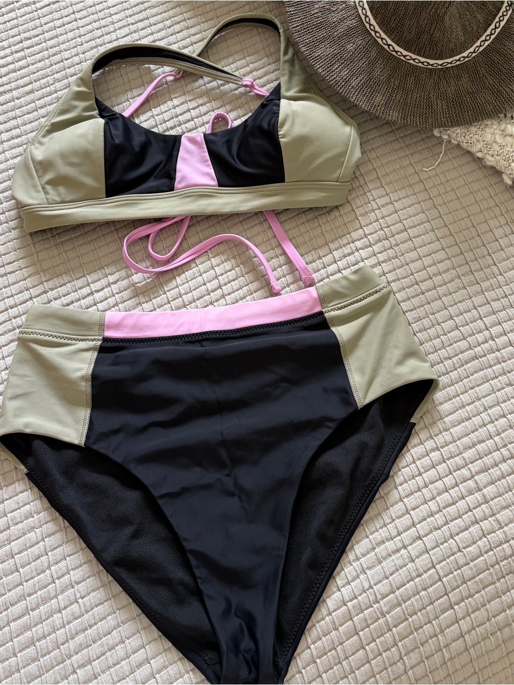 Prana Black, Olive & Pink Colorblock High-Waist Bikini, small